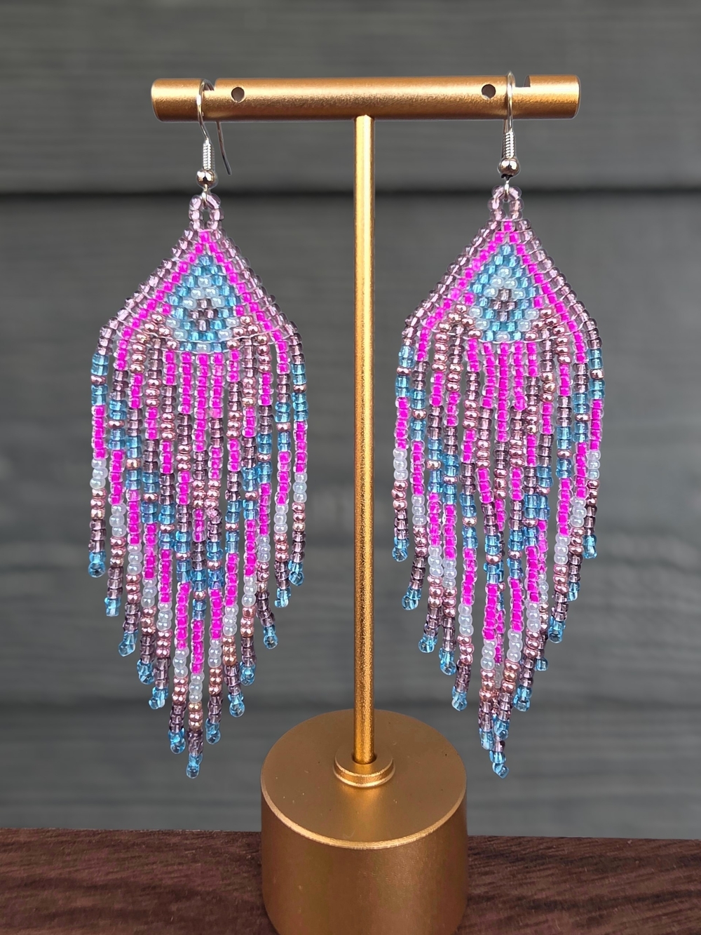 Yaz Geo Beaded Fringe Earrings Handmade Southwestern - Pink Blue